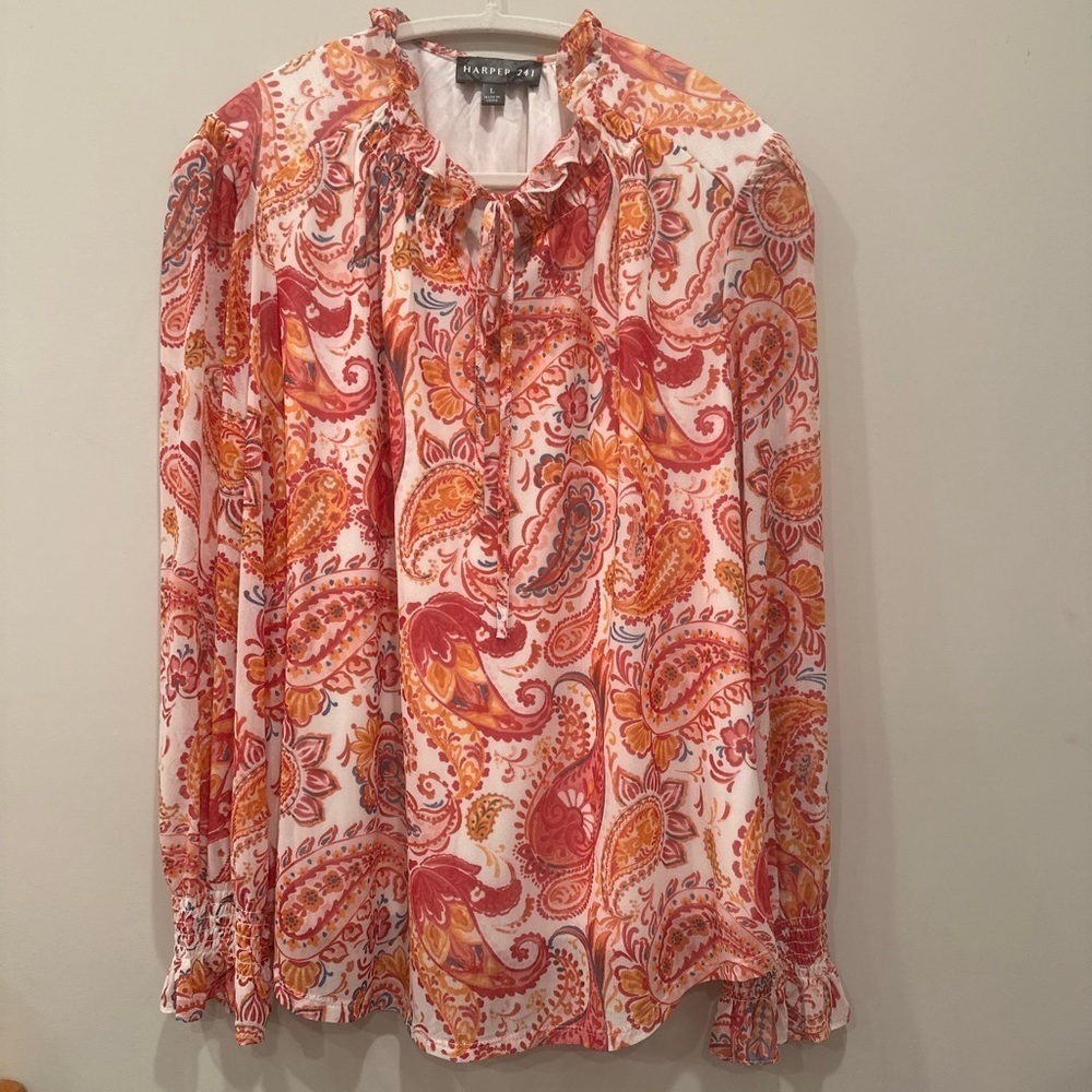 Harper 241 Boho Blouse Top Red Orange Paisley Lined Sheer Arms Tie Sz L - Picture 10 of 11